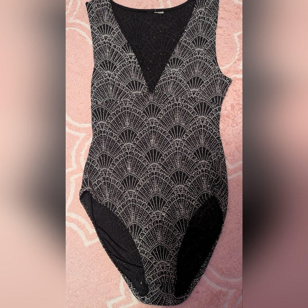 H&M Black Bodysuit with Silver Fan-Pattern Sparkle
